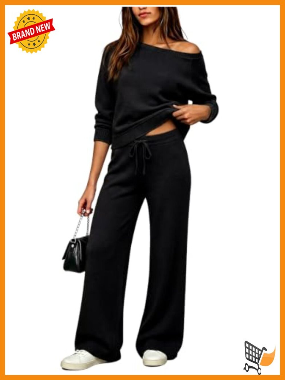 Fisoew Women's 2 Piece Knit Sweater Set Off Shoulder Top Wide Leg Pants